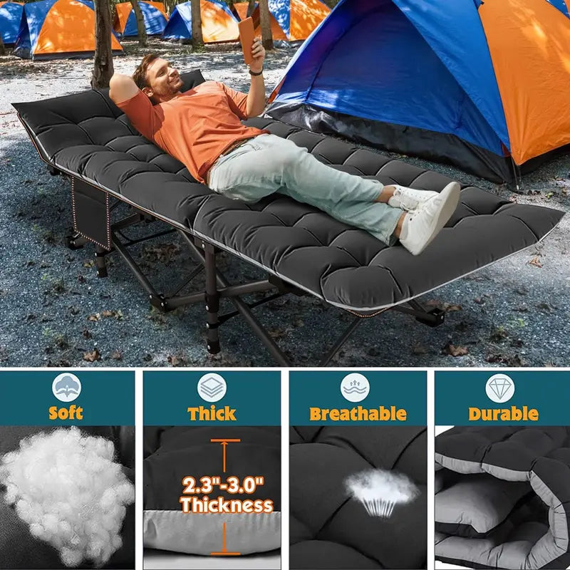 Cot XL Camping Cot with Thick Pad,Oversized Cots portable Bed Folding Cot 900LBS(Max Load) Double Layer Oxford Heavy Duty wCarry Bag
