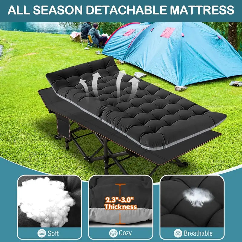 Cot XL Camping Cot with Thick Pad,Oversized Cots portable Bed Folding Cot 900LBS(Max Load) Double Layer Oxford Heavy Duty wCarry Bag