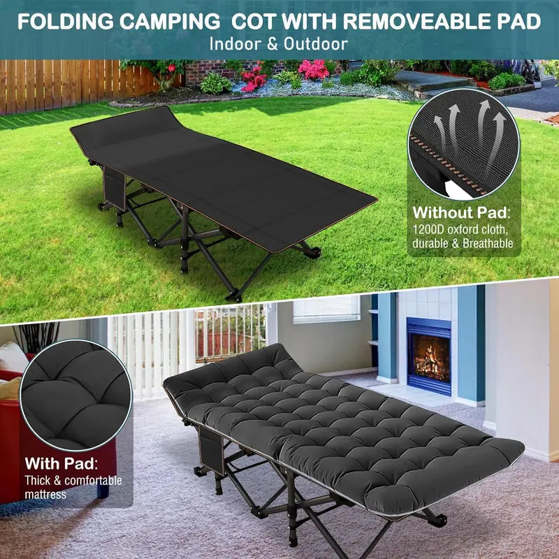 Cot XL Camping Cot with Thick Pad,Oversized Cots portable Bed Folding Cot 900LBS(Max Load) Double Layer Oxford Heavy Duty wCarry Bag